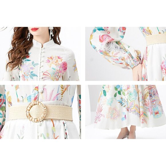 Women's Floral Maxi Dress Polyester Puff Sleeve Button Up Dress for Casual - Picture 6 of 6